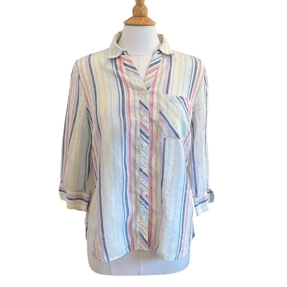 Chico's Non Iron Multi Striped Button Down Linen Shirt, Size 8-10
